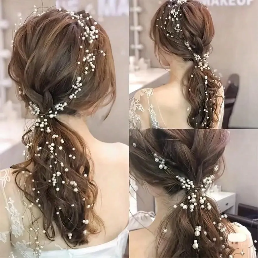 1pc Elegant Handmade Braided Faux Pearl Headband - Bridal Hair Accessory, Multi-Layer Long Hair Band, For Party, Christmas And Gift