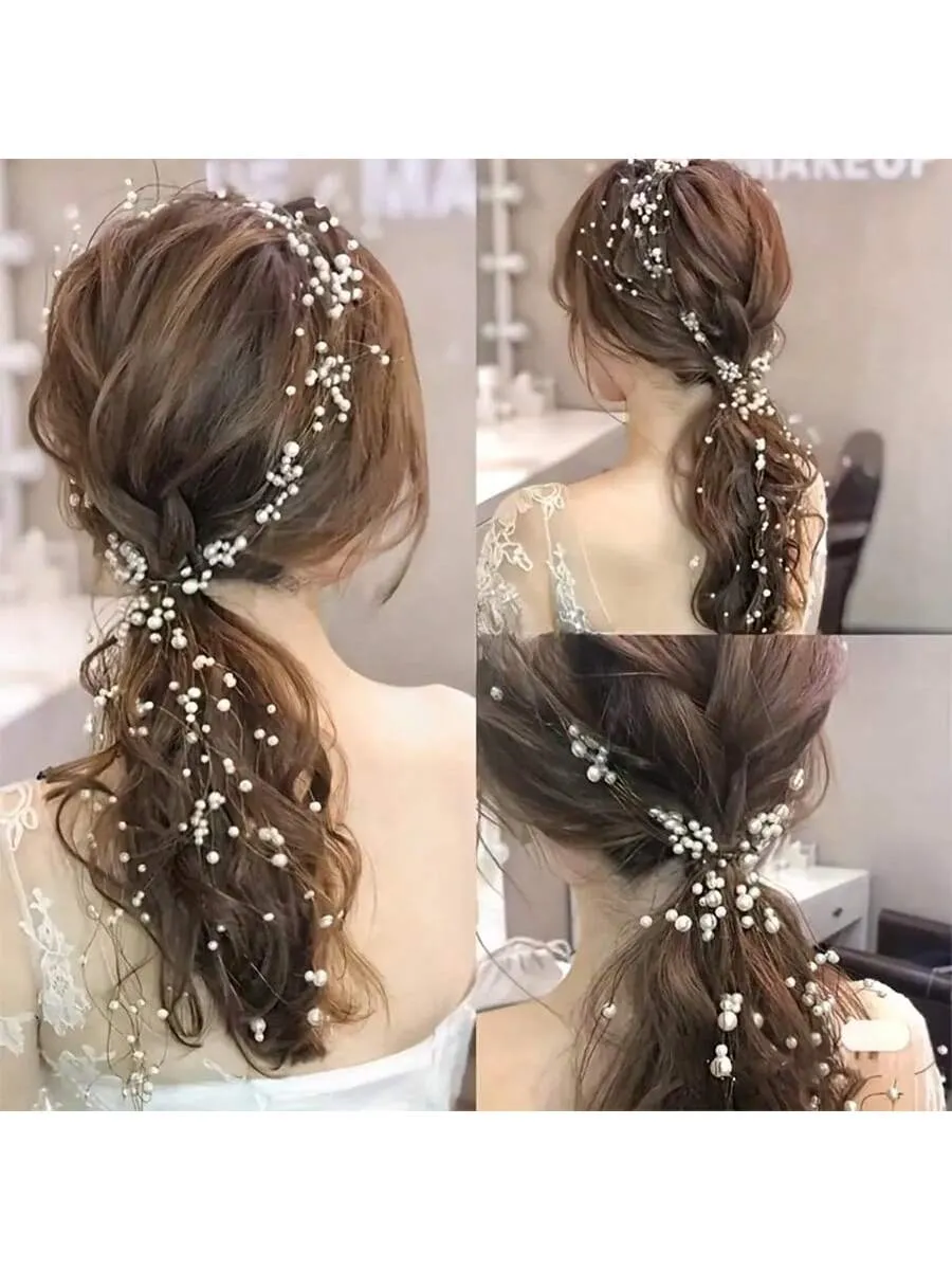 1pc Elegant Handmade Braided Faux Pearl Headband - Bridal Hair Accessory, Multi-Layer Long Hair Band, For Party, Christmas And Gift