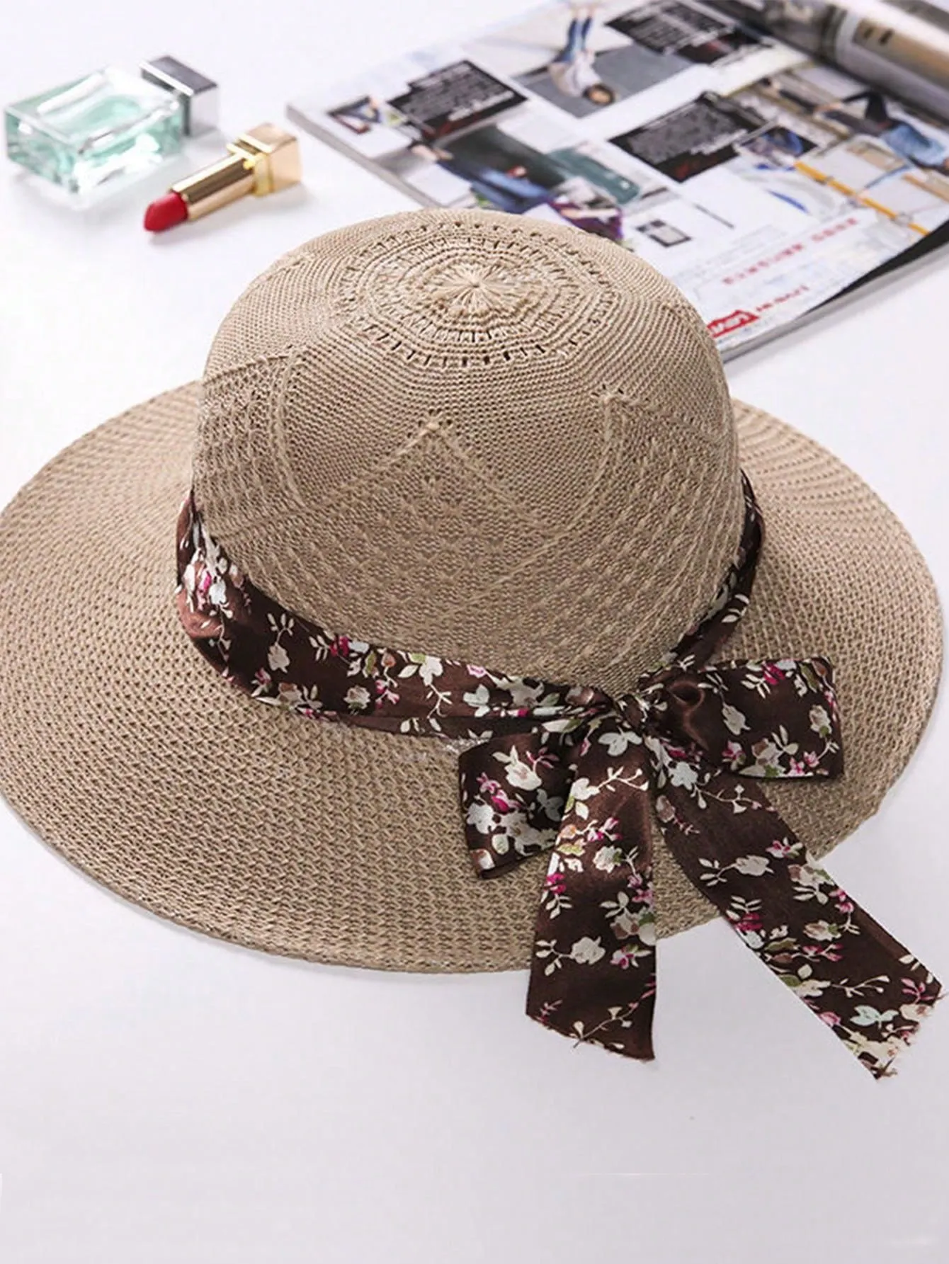 1pc Ladies' Sun Hat With Small Brim, Floral Ribbon, Breathable Summer Straw Hat For Outdoor Travelling