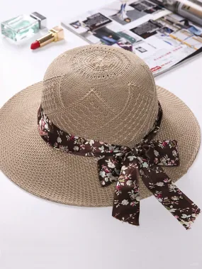 1pc Ladies' Sun Hat With Small Brim, Floral Ribbon, Breathable Summer Straw Hat For Outdoor Travelling