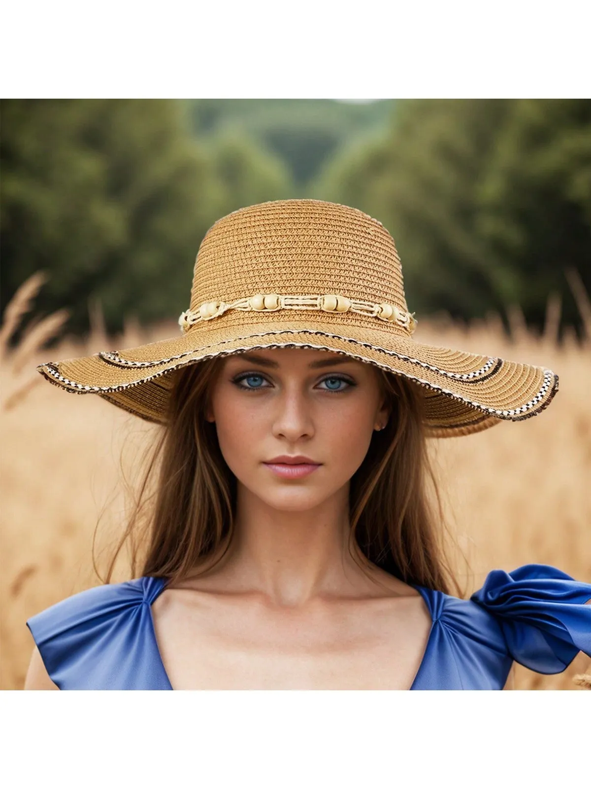 1pc Sun Straw Hat Summer Hat Fluffy Beach Hat Lady, Super Temperamental Straw Hat