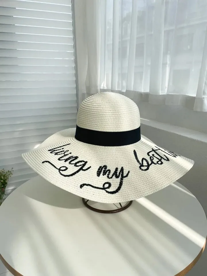 Alphabet pattern wide brim straw hat in white