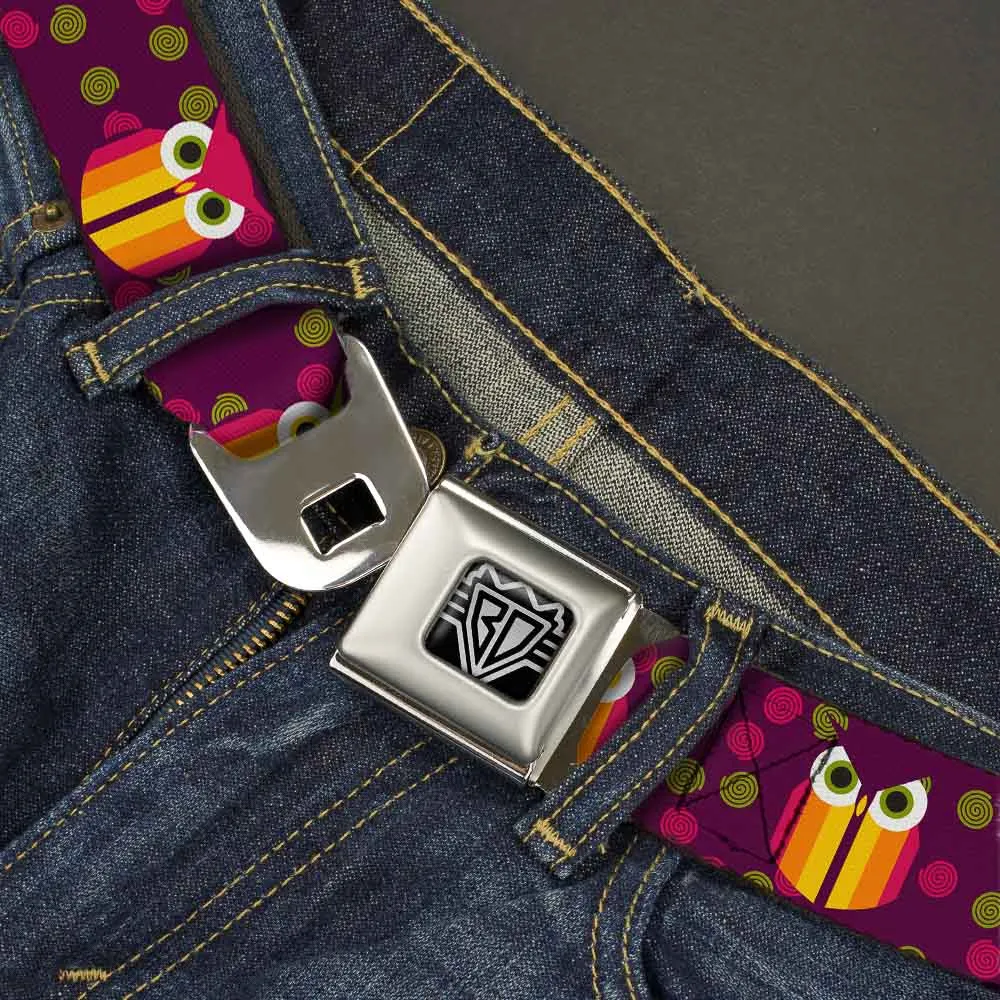 BD Wings Logo CLOSE-UP Full Color Black Silver Seatbelt Belt - Owls Striped w/Swirls Purple Webbing