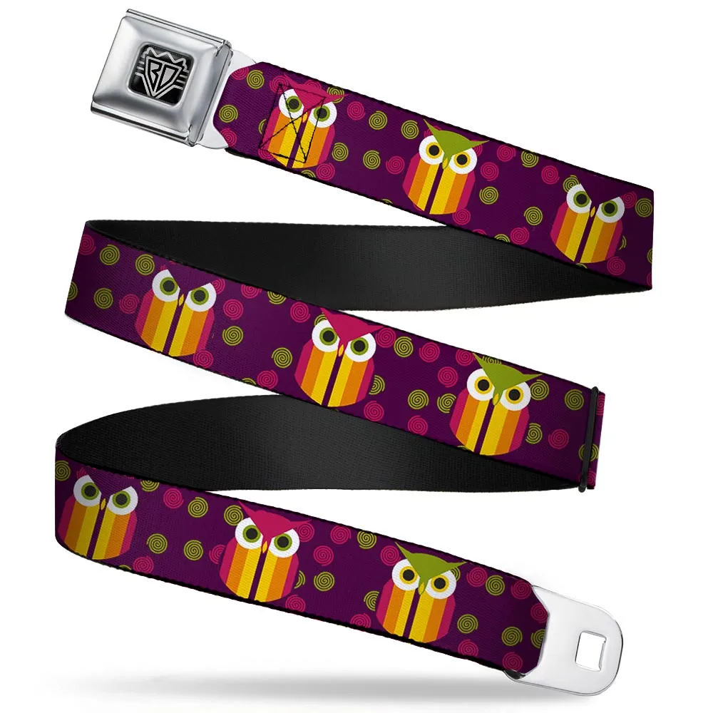 BD Wings Logo CLOSE-UP Full Color Black Silver Seatbelt Belt - Owls Striped w/Swirls Purple Webbing