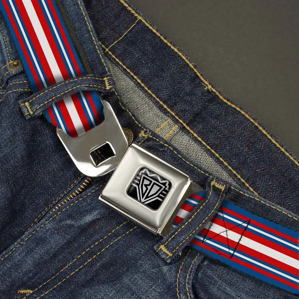 BD Wings Logo CLOSE-UP Full Color Black Silver Seatbelt Belt - Striped Blue/Red/White Webbing