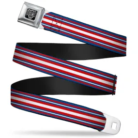 BD Wings Logo CLOSE-UP Full Color Black Silver Seatbelt Belt - Striped Blue/Red/White Webbing