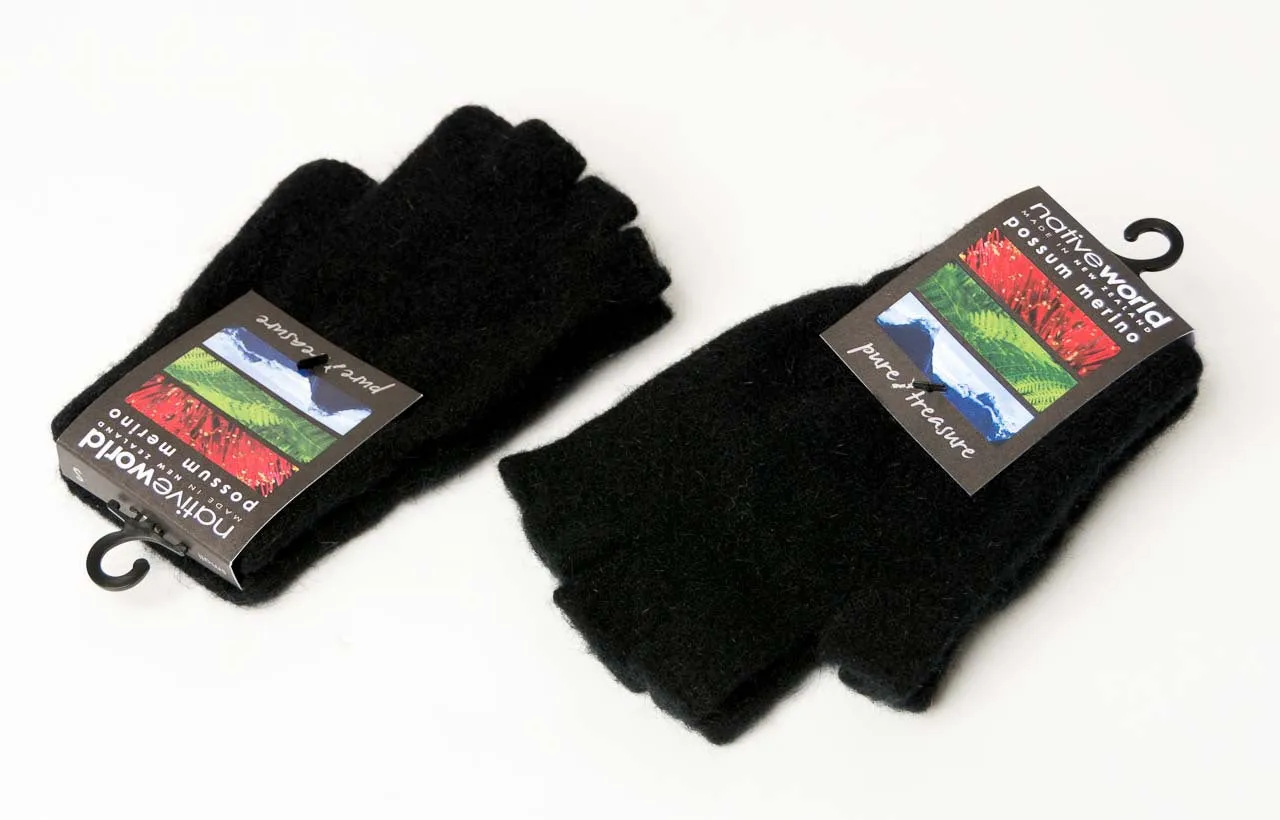 Black Unisex Fingerless Gloves Possum Merino Wool - NX103