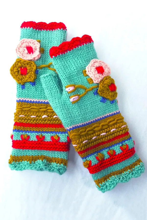 Flower Embroidered Knitted Warm Gloves