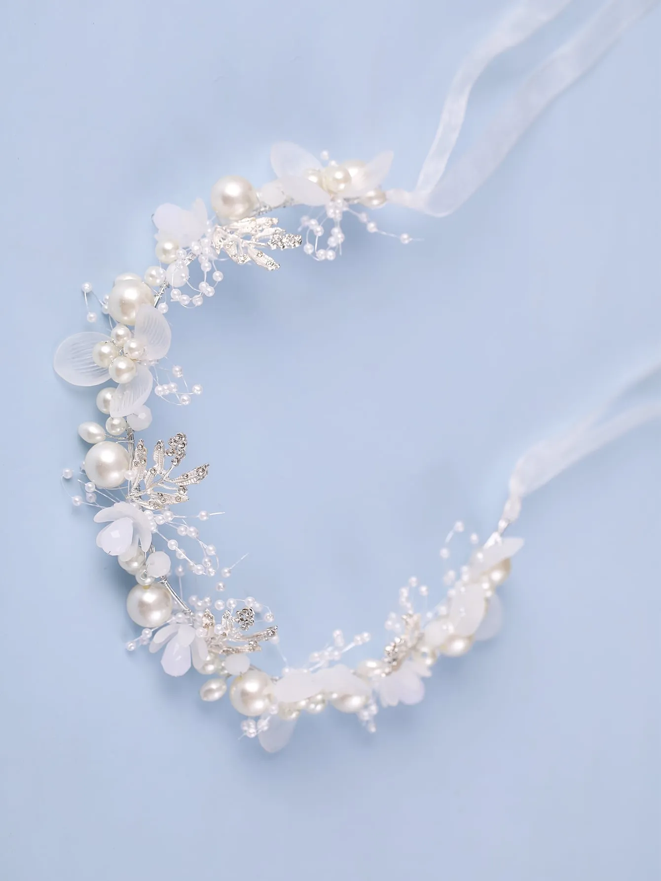 Leaf Decor Rhinestone & Faux Pearl Detail Elegant White Bridal Headwear For Wedding Tiaras