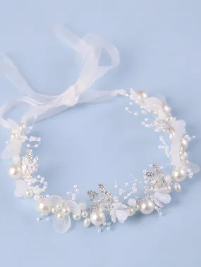 Leaf Decor Rhinestone & Faux Pearl Detail Elegant White Bridal Headwear For Wedding Tiaras