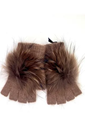 Linda Richards Fur Pom-pom Fingerless Gloves HW-62 | Mocha