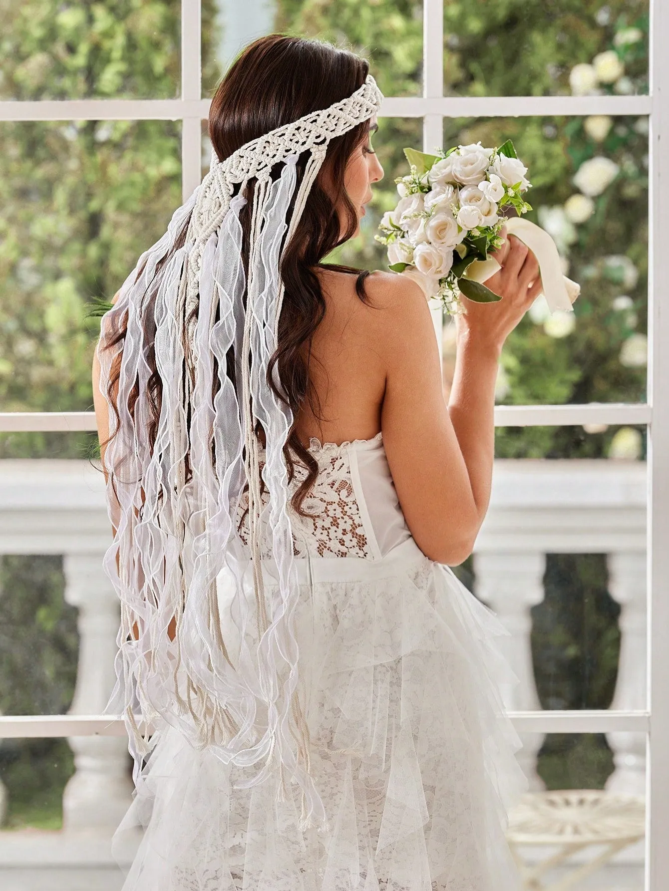 SHEIN Belle 1pc Luxury & Cute Handmade Crochet Lace Headband, Bohemian Style Tassel Bridal Headpiece For Wedding, Honeymoon