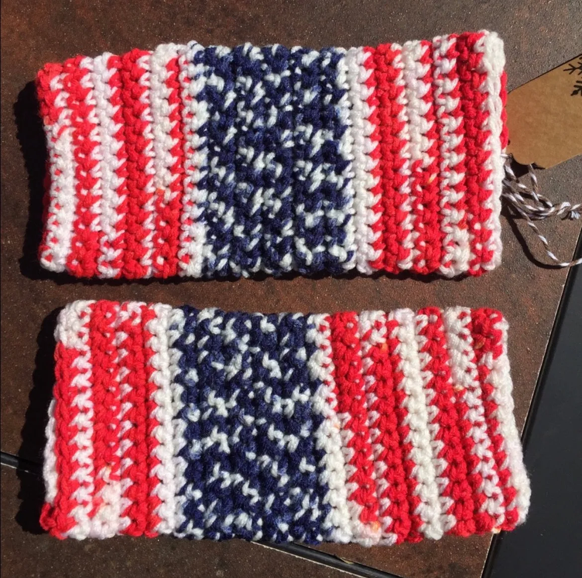 Texting Tech Wrist Warmers Red White Stripe & Blue Marble Palm Crochet Knit Fall Winter Writing Gaming Fingerless Gloves American Flag