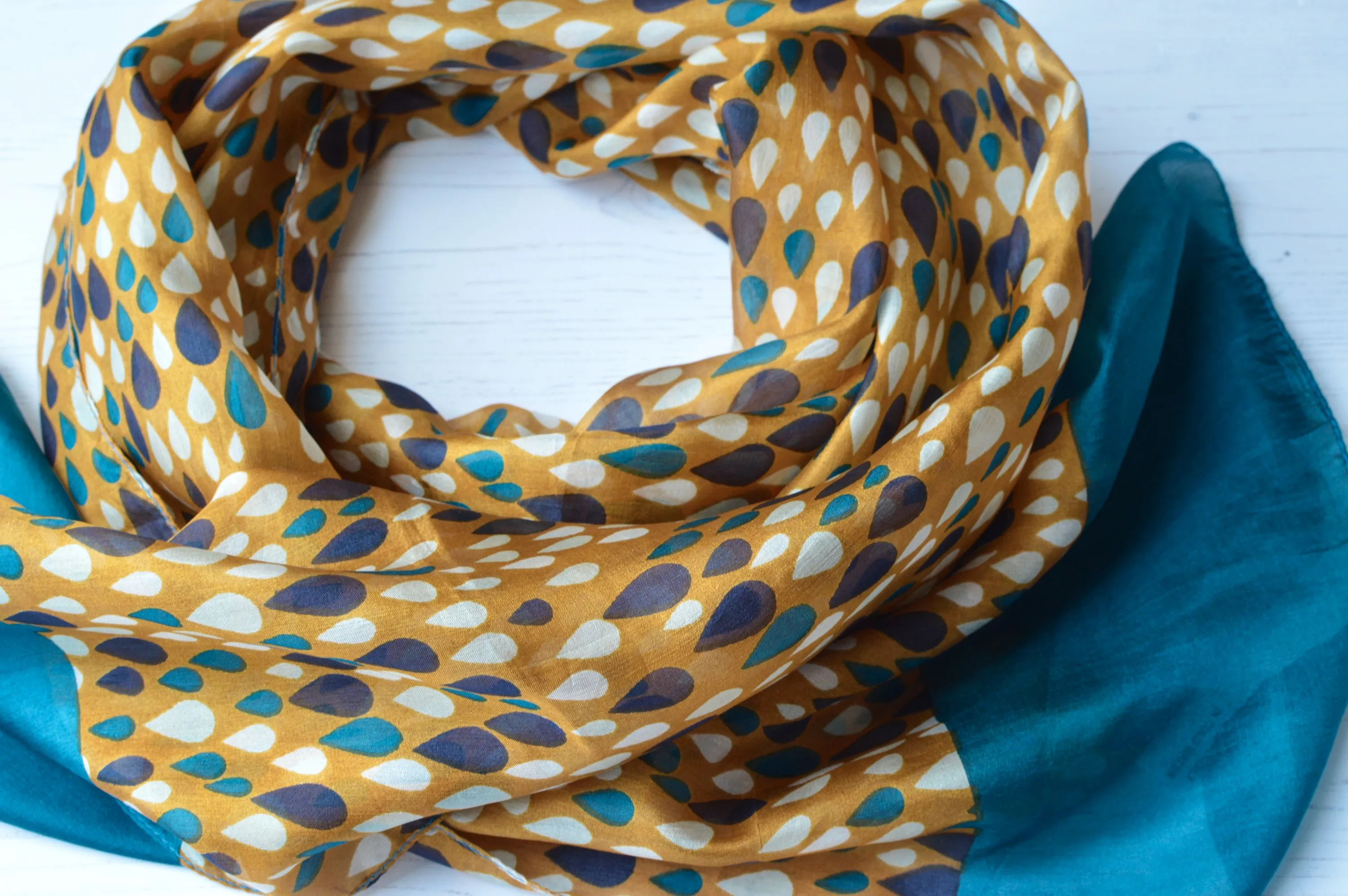 Tiffany | Silk Chiffon Neck Scarf - Teal & Orange Raindrops