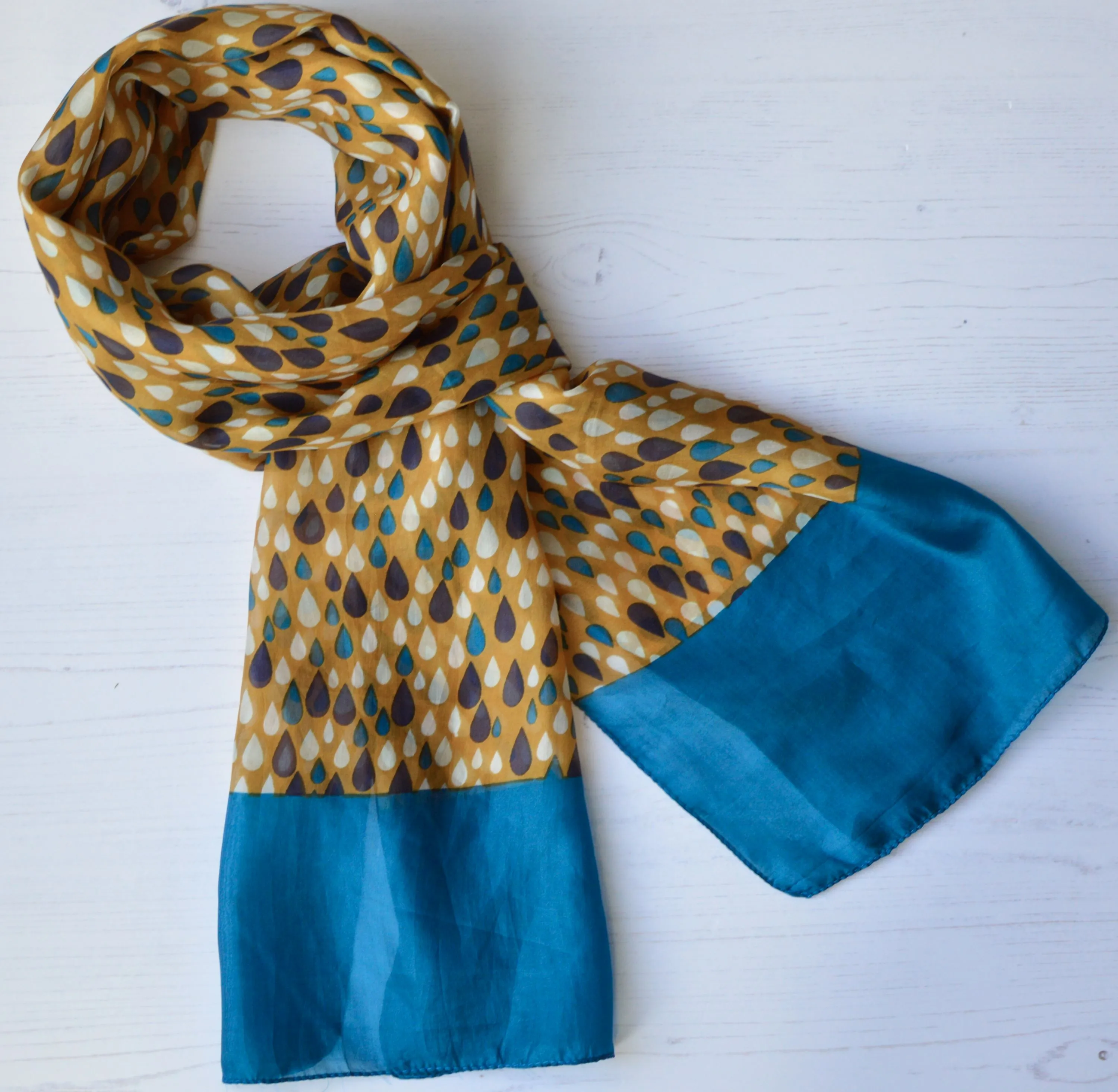 Tiffany | Silk Chiffon Neck Scarf - Teal & Orange Raindrops