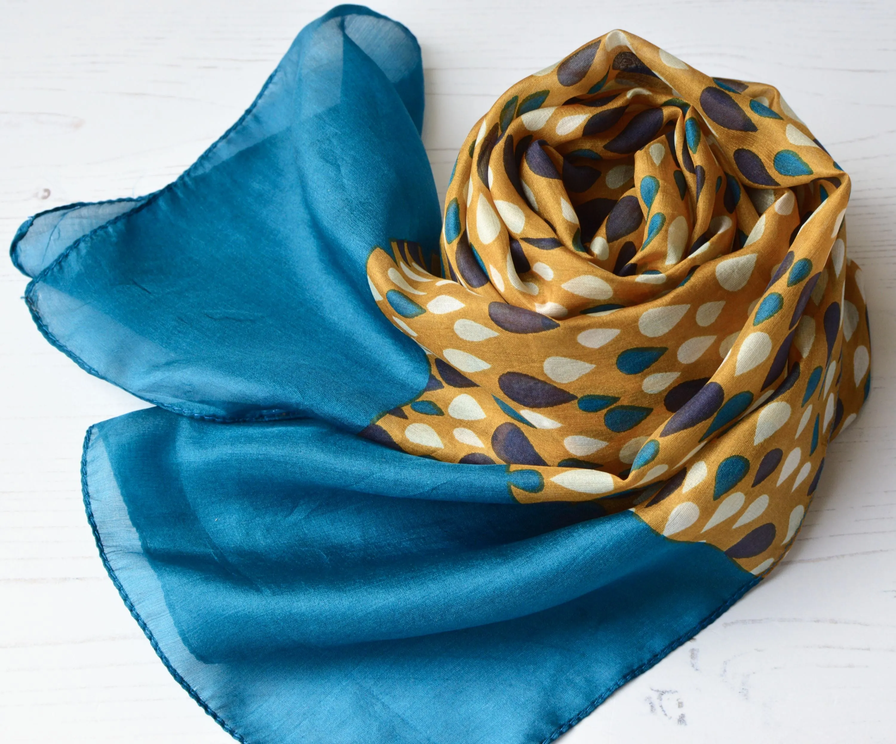 Tiffany | Silk Chiffon Neck Scarf - Teal & Orange Raindrops