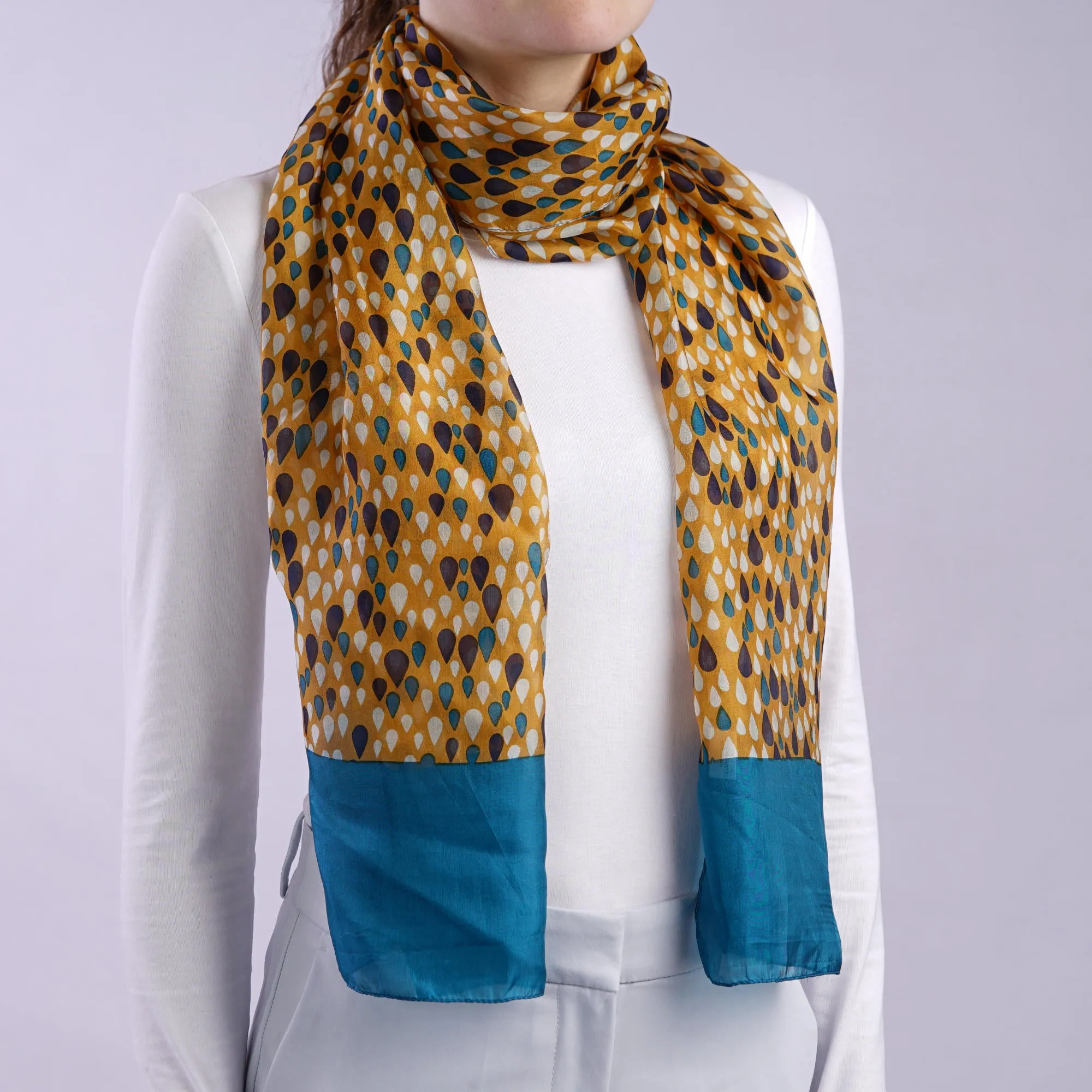 Tiffany | Silk Chiffon Neck Scarf - Teal & Orange Raindrops