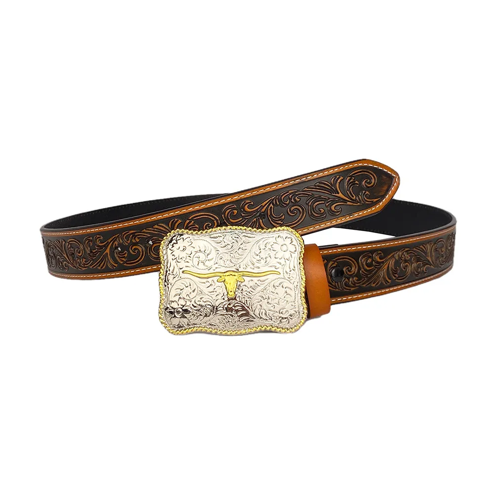 TOPACC Western Genuine Leather Pattern Tooled Belt- Rectangle Two Tone Longhorn Cow Belt Buckle