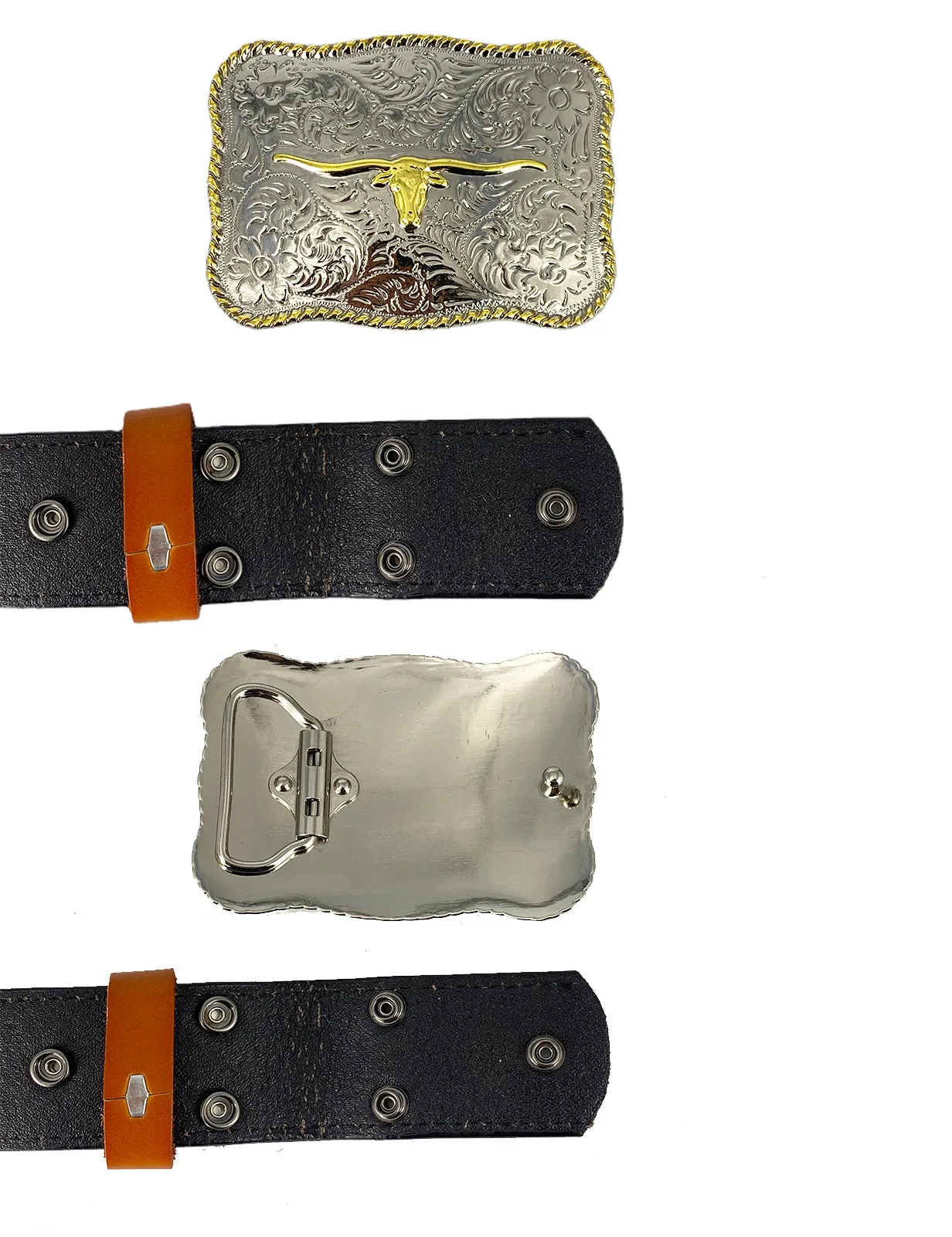 TOPACC Western Genuine Leather Pattern Tooled Belt- Rectangle Two Tone Longhorn Cow Belt Buckle