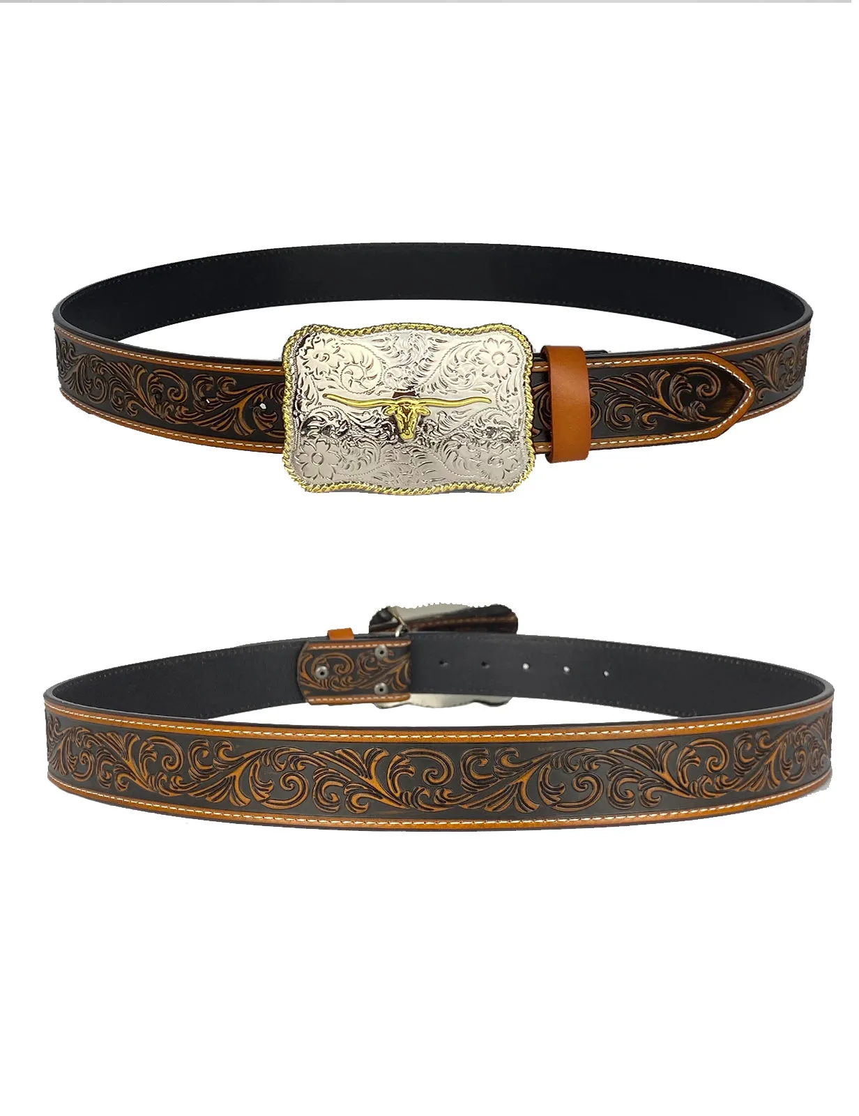 TOPACC Western Genuine Leather Pattern Tooled Belt- Rectangle Two Tone Longhorn Cow Belt Buckle