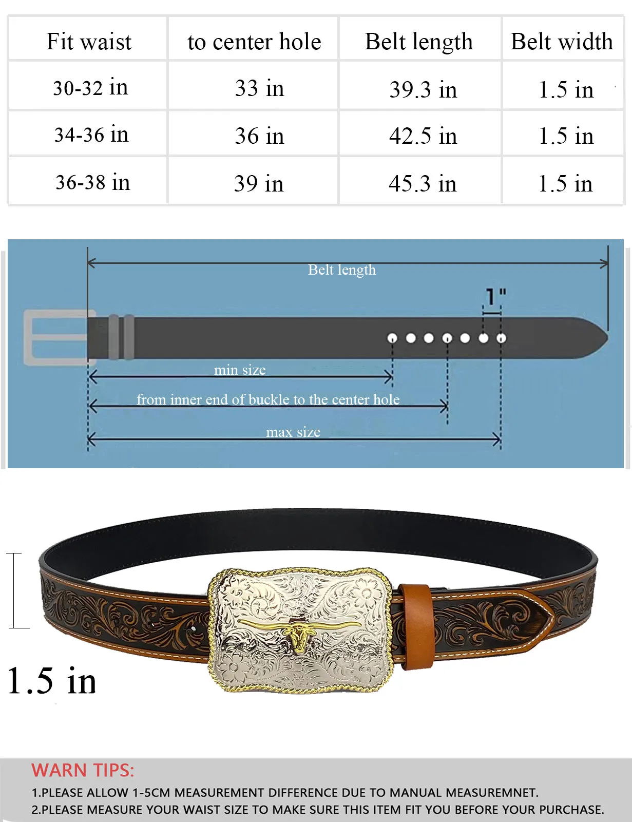 TOPACC Western Genuine Leather Pattern Tooled Belt- Rectangle Two Tone Longhorn Cow Belt Buckle