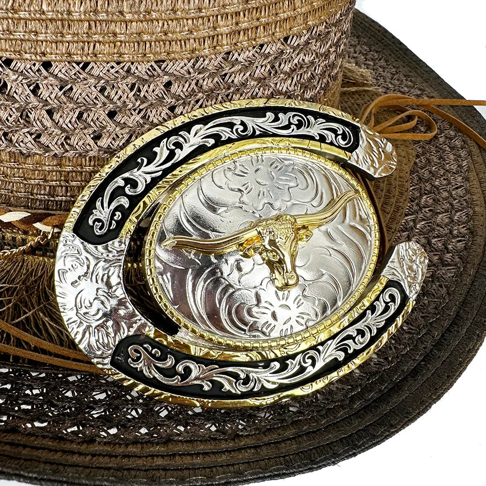 TOPACC Western Genuine Leather Pattern Tooled Belt - Two Tone Horseshoe Longhorn Bull Buckle