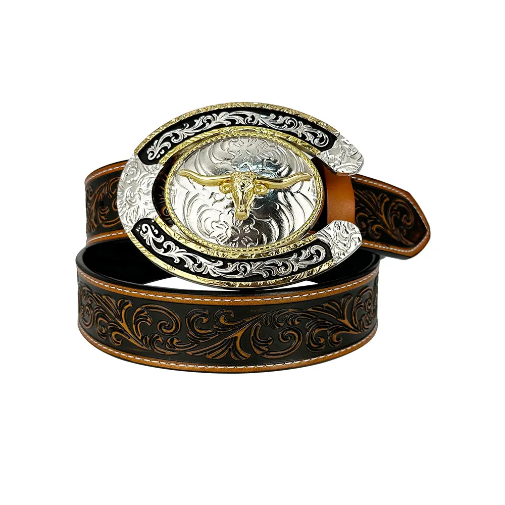 TOPACC Western Genuine Leather Pattern Tooled Belt - Two Tone Horseshoe Longhorn Bull Buckle