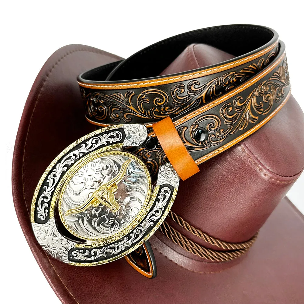 TOPACC Western Genuine Leather Pattern Tooled Belt - Two Tone Horseshoe Longhorn Bull Buckle