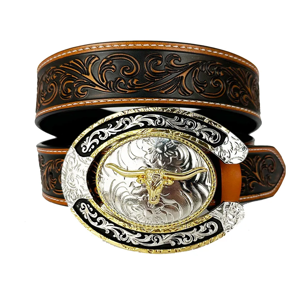 TOPACC Western Genuine Leather Pattern Tooled Belt - Two Tone Horseshoe Longhorn Bull Buckle