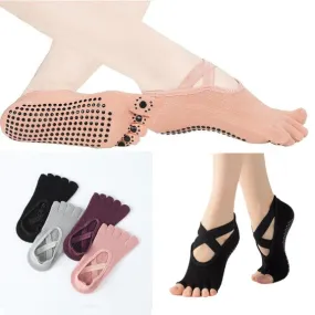 Yoga Socks With Toes Open Toes Or Ballet Slipper Style No Slip Grips Criss Cross Elastic Straps Non Skid Nude Black Light Gray Wine Red Purple Charcoal Or Baby Pink